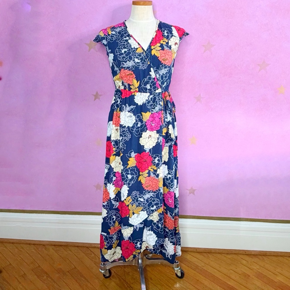 Band of the Free Womens Medium Navy Floral Maxi Dress Feminine Boho Tie Front